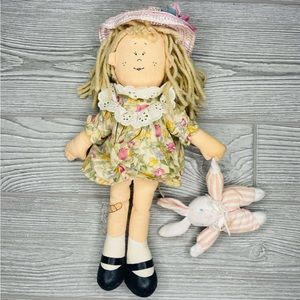 Vintage commonwealth cloth doll holding bunny rabbit plush toy unique
